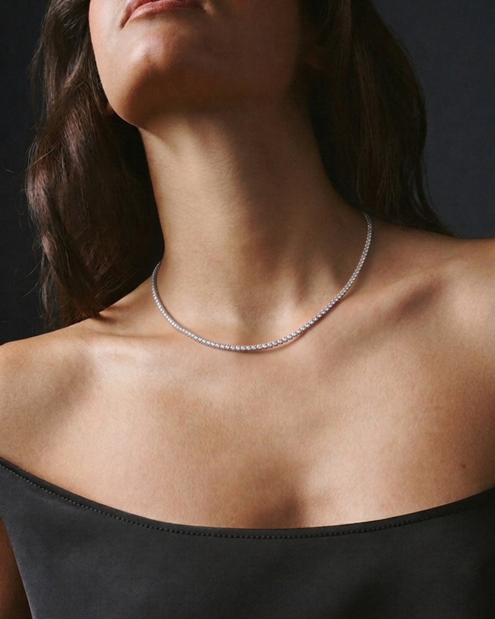 Tennis Lucente Necklace in 925 sterling silver, shown worn