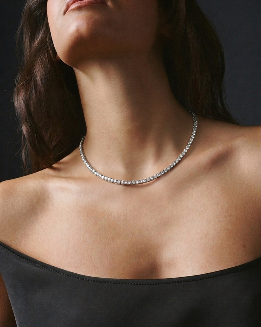 Tennis Scintilla Necklace in 925 sterling silver, shown worn