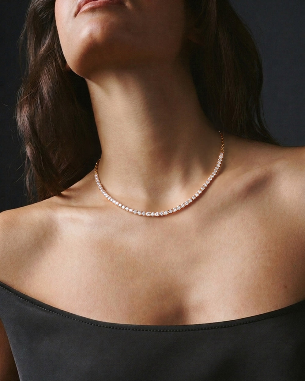Tennis Serena Necklace in 18kt rose gold vermeil over 925 sterling silver, shown worn