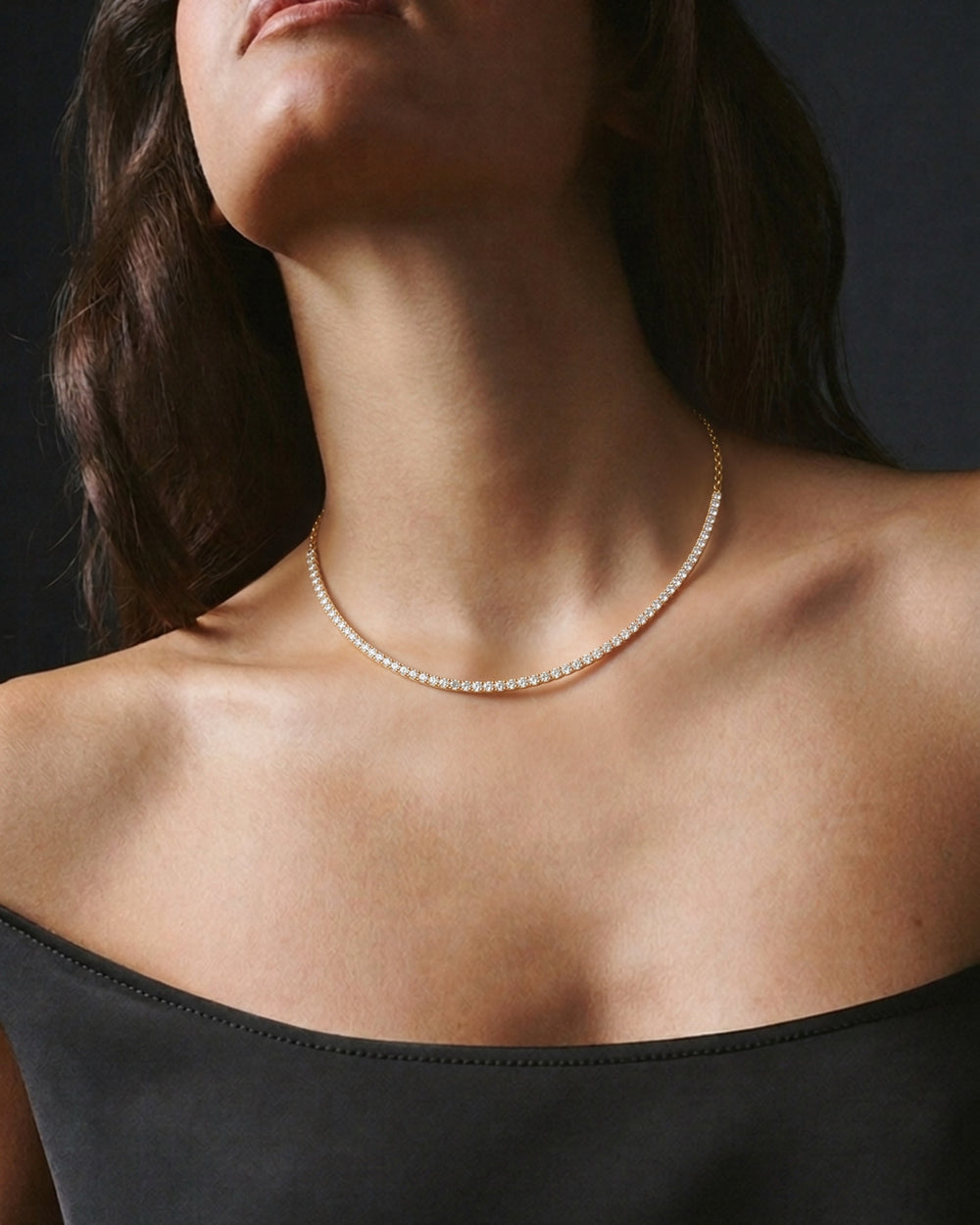 Tennis Solenne Necklace in 18kt gold vermeil over 925 sterling silver, shown worn