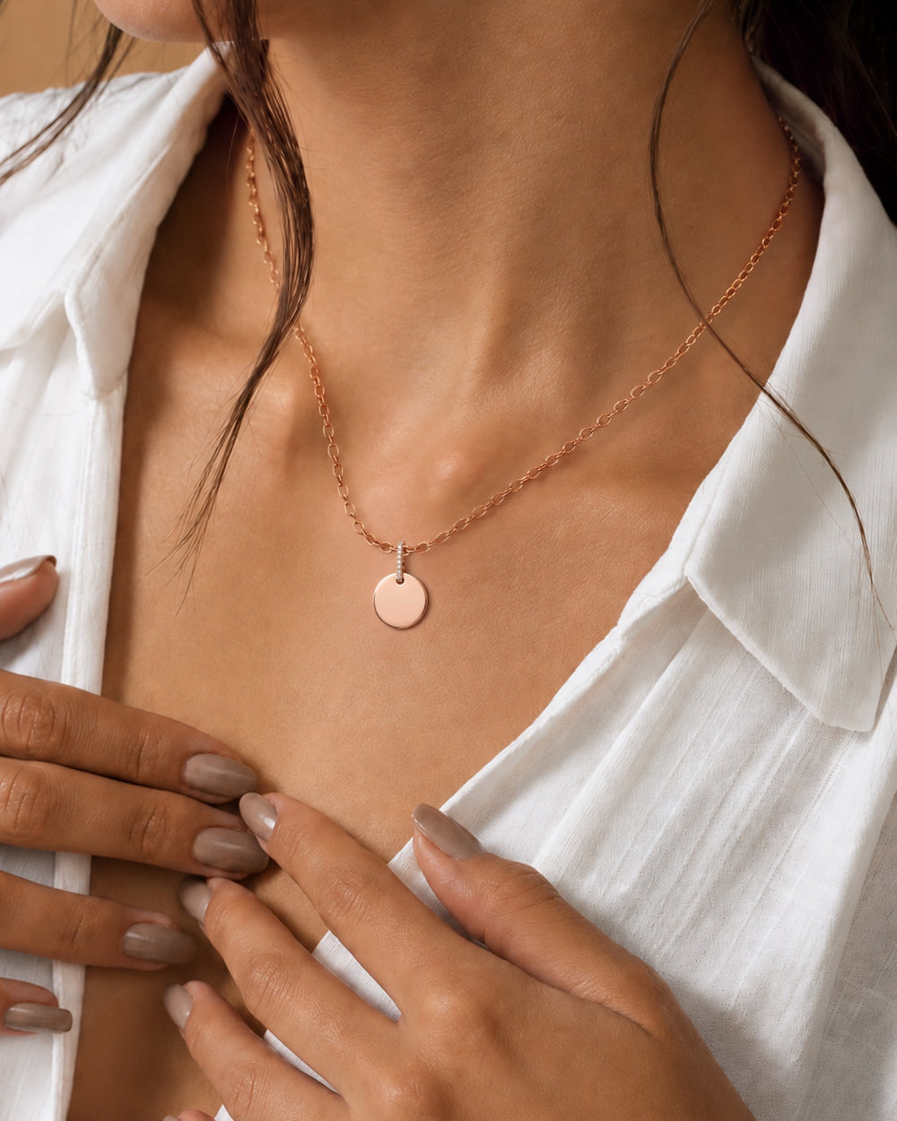 Basics Vernazza Pendant in 18kt rose gold vermeil over 925 sterling silver, shown worn