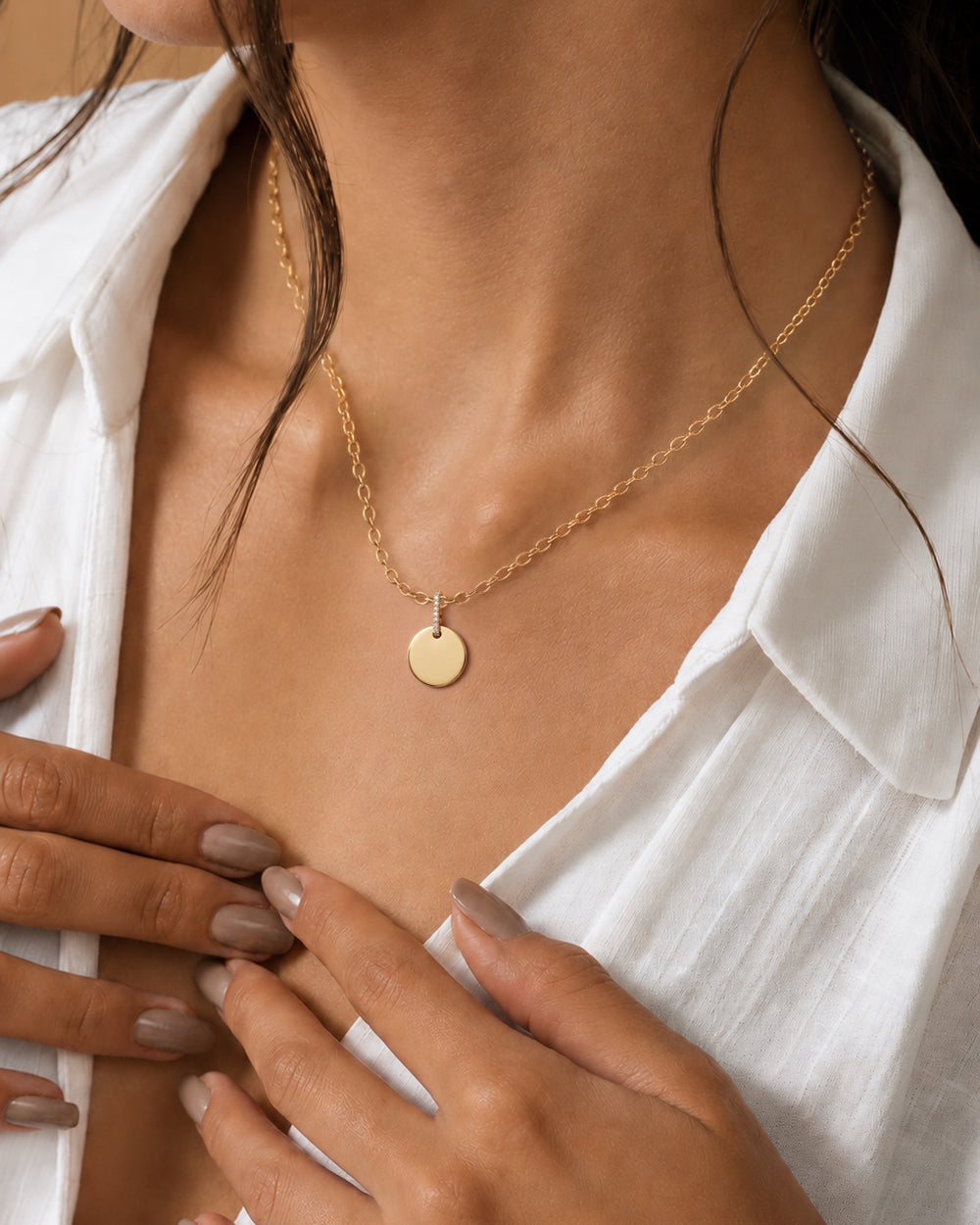 Basics Vernazza Pendant in 18kt gold vermeil over 925 sterling silver, shown worn